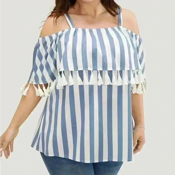 NWT!Stripe print tassel trim cold shoulder blouse size 12 or Large - Picture 1 of 6